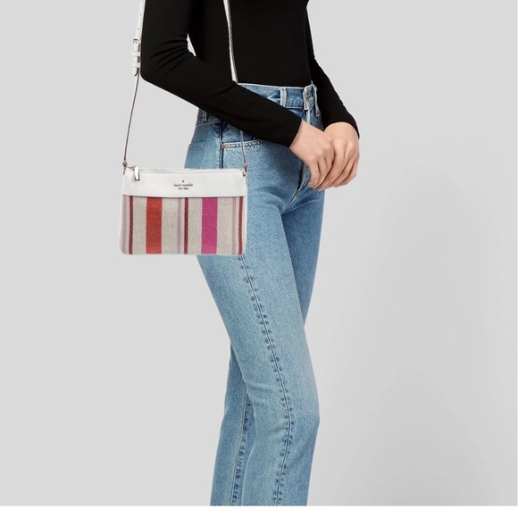 Kate Spade Leila Striped Canvas Triple
Gusset Crossbody White Pink red stripes - Picture 2 of 16